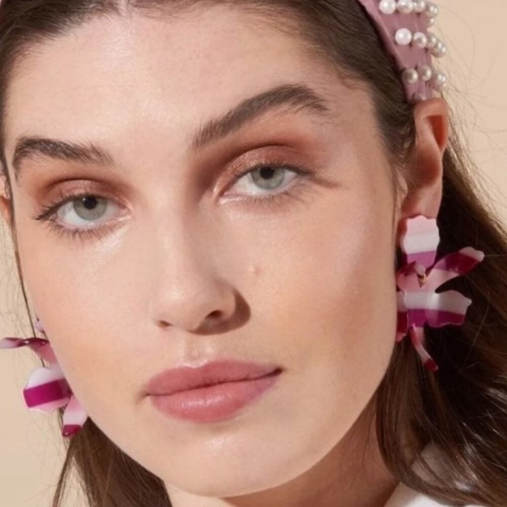 ❌SOLD OUT❌ LELE SADOUGHI $125 Small Paper Lily Earrings In Burgundy Pink Stripe - Picture 2 of 4